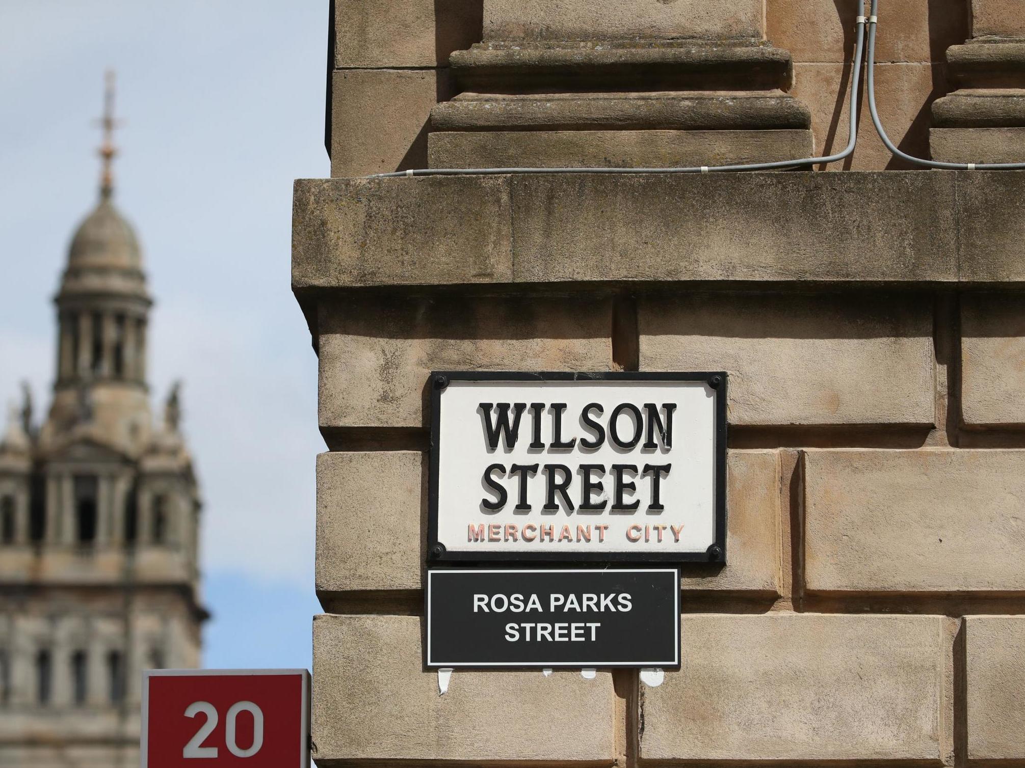 A sign alternatively naming Wilson Street 'Rosa Parks Street' in Glasgow on 6 June, 2020.