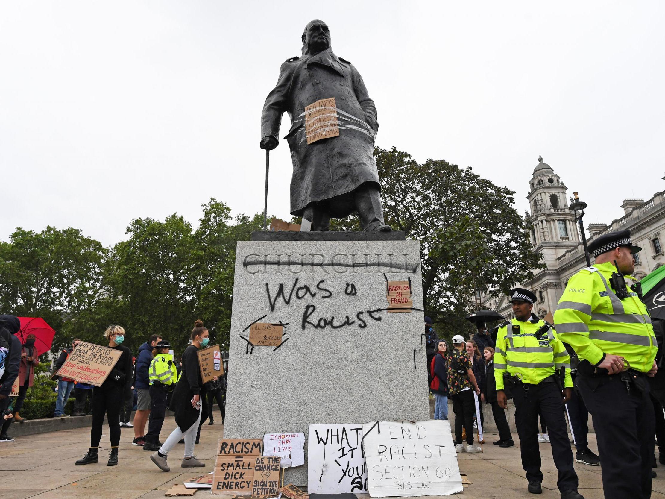 The defaced Churchill statue in central London