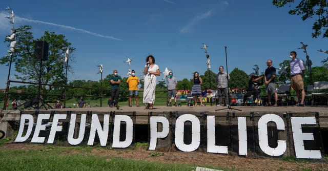 Minneapolis councillor Alondra Cano speaks at a rally after two weeks' protest over the death of George Floyd and wider problems of police violence