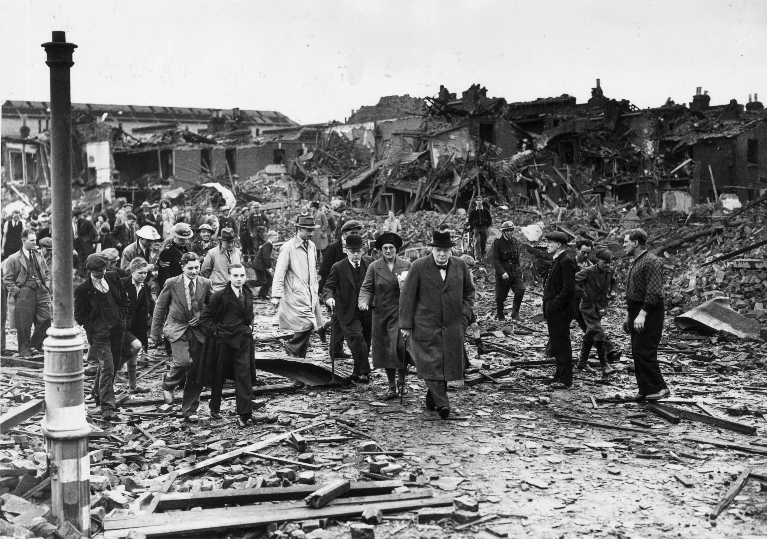 Winston Churchill inspects air raid damage in Battersea in September 1940