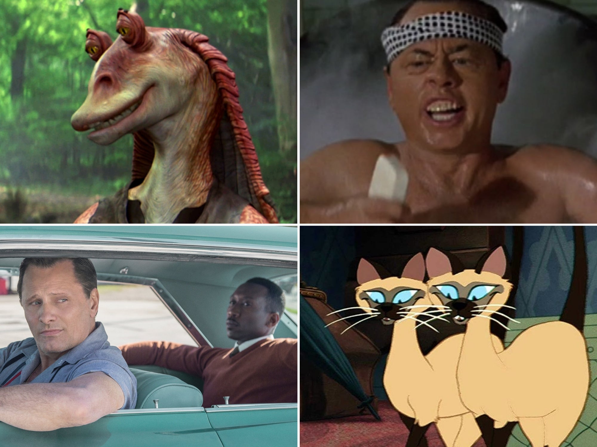 Clockwise from top right: Mickey Rooney in 'Breakfast at Tiffany's', the siamese cats in 'Lady and the Tramp', Viggo Mortensen and Mahershala Ali in 'Green Book', and Jar Jar Binks in 'Star Wars: The Phantom Menace'