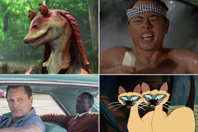 Clockwise from top right: Mickey Rooney in 'Breakfast at Tiffany's', the siamese cats in 'Lady and the Tramp', Viggo Mortensen and Mahershala Ali in 'Green Book', and Jar Jar Binks in 'Star Wars: The Phantom Menace'