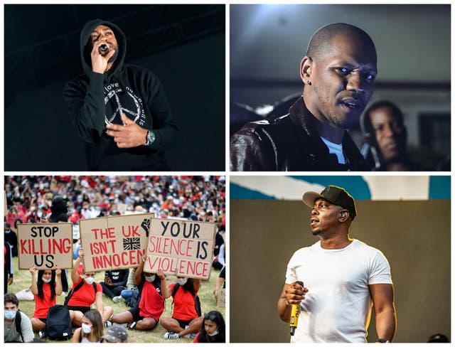 Clockwise from top left: Kano, Giggs, Dizzee Rascal, protesters at a Black Lives Matter march in London