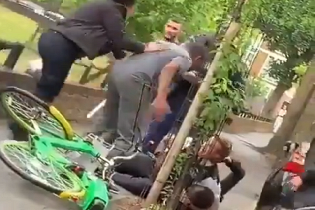 Still image taken from video footage showing an assault on two police officers in Hackney, London, 10 June 2020.