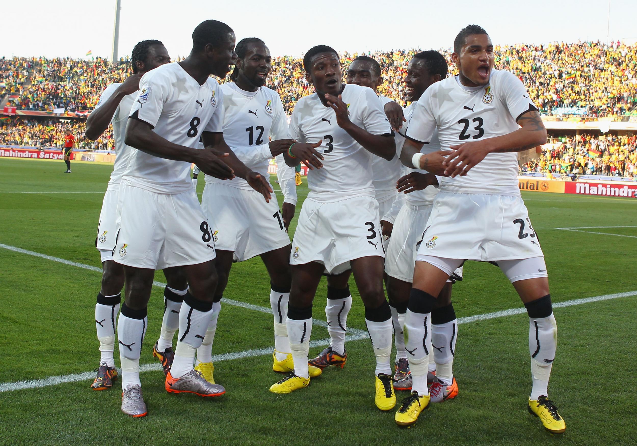 Asamoah Gyan, No 3, celebrates scoring against Australia in the group stage