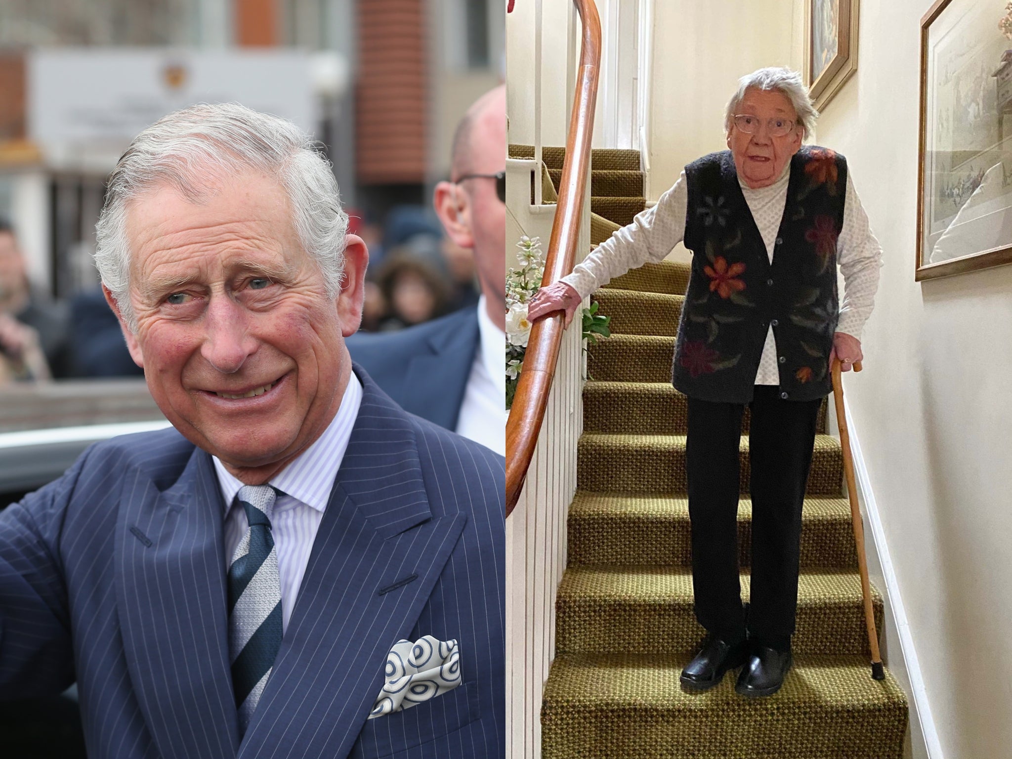 Prince Charles congratulates 90-year-old Margaret Payne for raising more than £340,000 for charity by climbing stairs