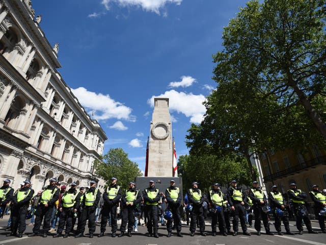 Protesters said their primary goal had been to protect statues - in particular a monument to Winston Churchill and the Cenotaph, pictured.
