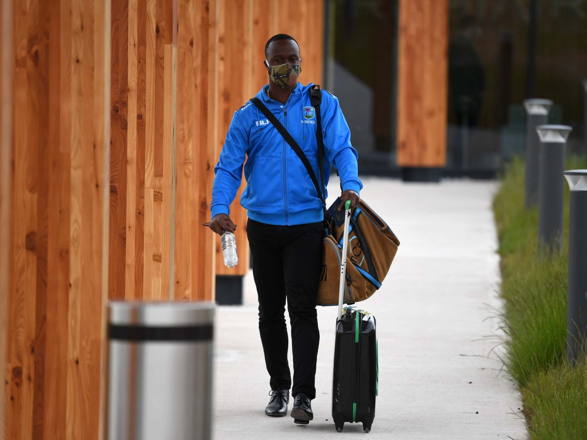 Kemar Roach arrives at the West Indies’s quarantine base at Old Trafford