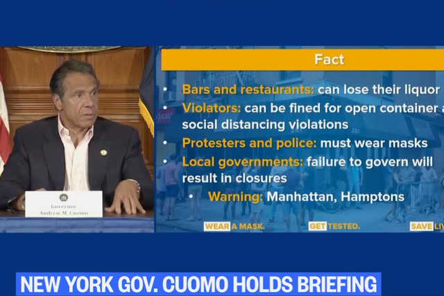 New York Governor Andrew Cuomo warned that local governments must enforce the reopening rules or the state will intervene
