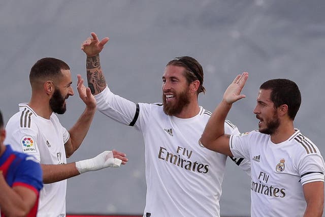 Eden Hazard and Karim Benzema congratulate Sergio Ramos