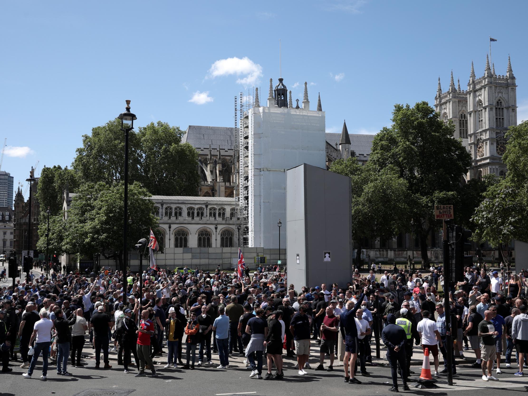 The Winston Churchill statue in Parliament Square was boarded up last week as a precaution ahead of protests