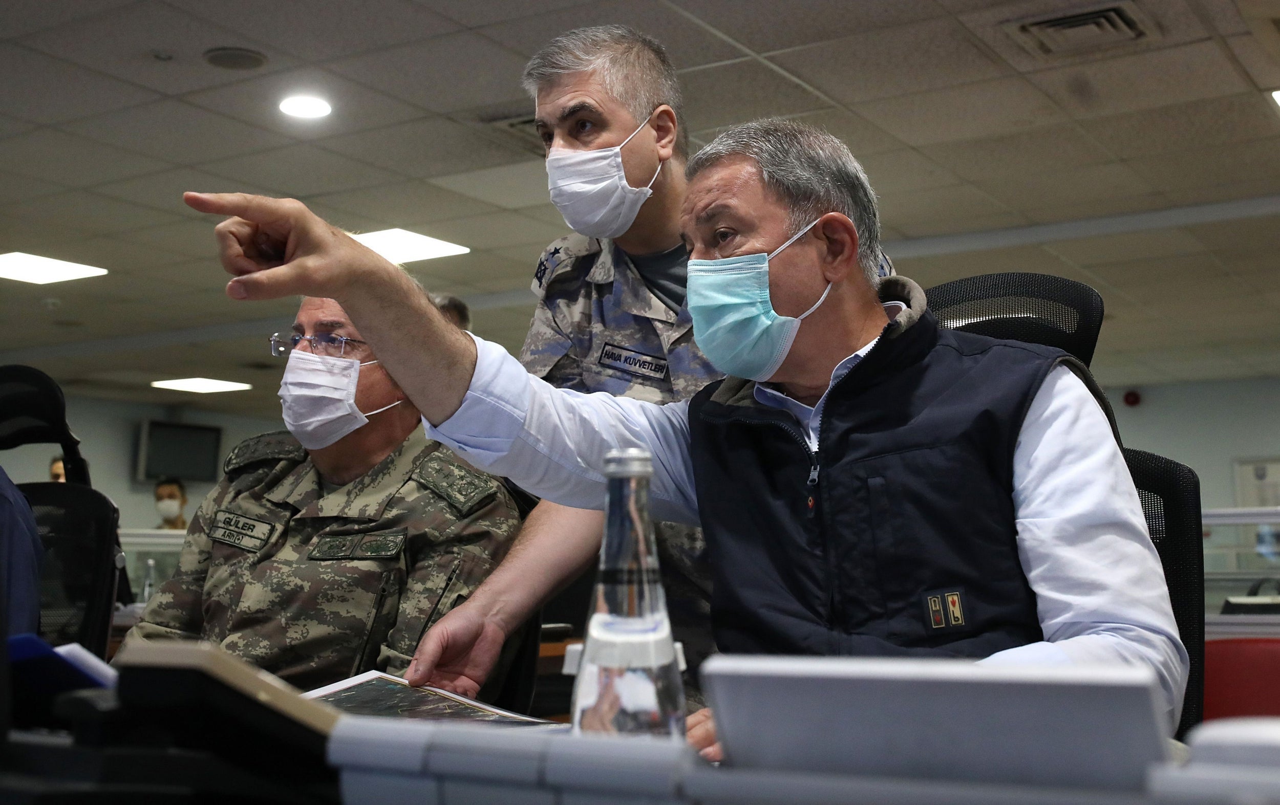 Turkish Defense Minister Hulusi Akar and army commanders follow the operation in northern Iraq at Air Force Command Control Center in Ankara
