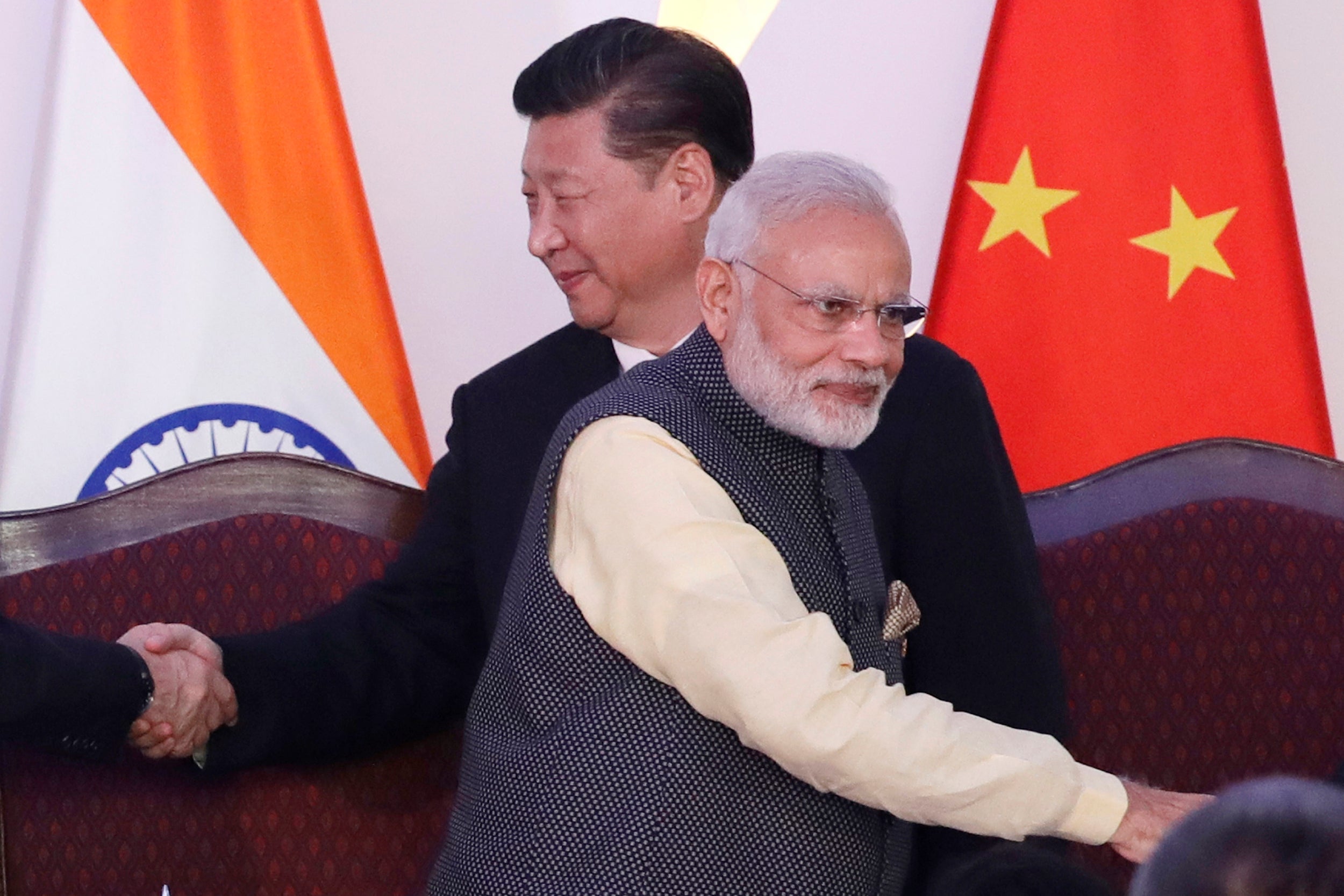 Indian prime minister Narendra Modi and Chinese president Xi Jinping at a summit in Goa, India. Tensions along the China-India border high in the Himalayas have flared again in recent weeks