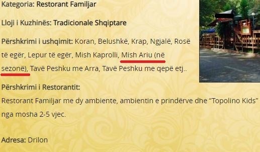 The menu featuring mish ariu – bear meat