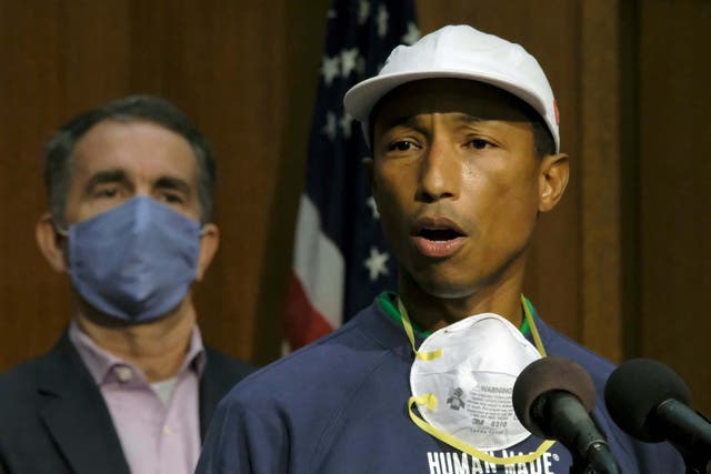 Viriginia native Pharrell Williams speaks at a press conference following the governor's announcement