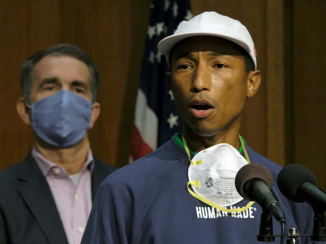 Viriginia native Pharrell Williams speaks at a press conference following the governor's announcement