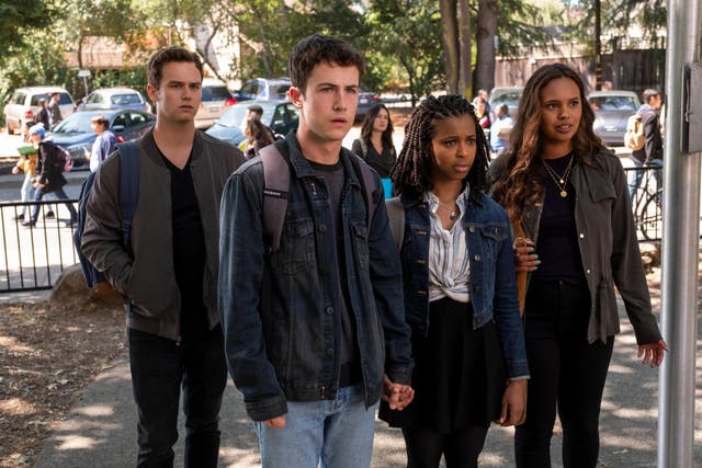Justin Foley, Dylan Minnette, Grace Saif, and Alisha Boe in 13 Reasons Why season four.