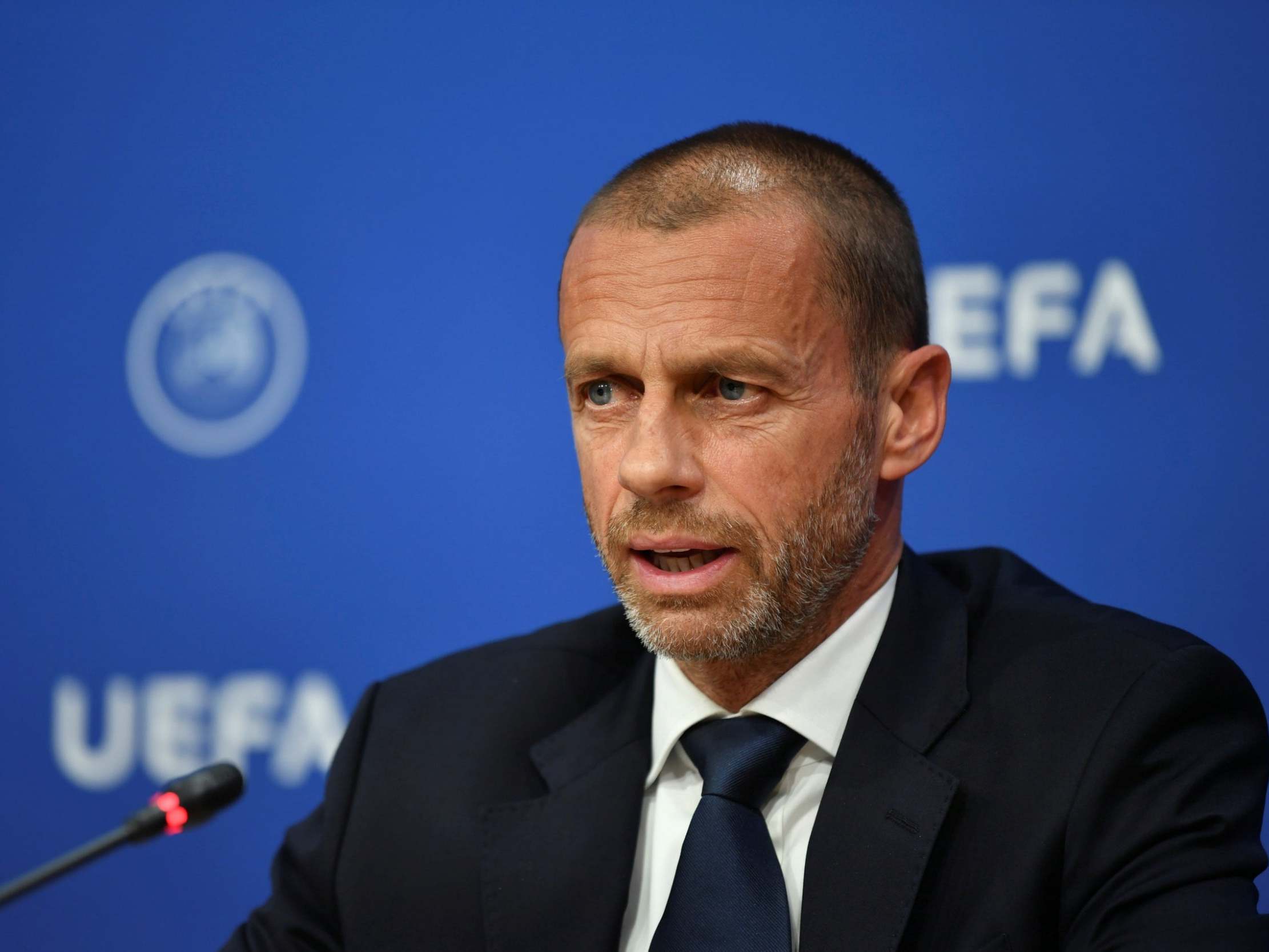 Uefa president Aleksander Ceferin announces changes to the Champions League and Europa League at a press conference on Wednesday