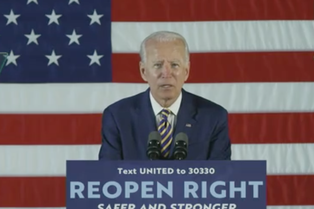 Joe Biden speaking at a campaign event in Darby, Pennsylvania on 17 June, 2020