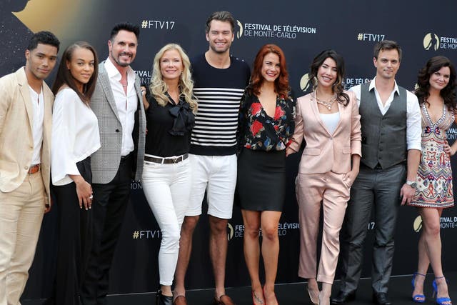 Rome Flynn, Reign Edwards, Don Diamont, Katerine Kelly Lang, Pierson Fode, Courtney Hope, Canadian actress and TV host Jacqueline MacInnes Wood, US actors Darin Brooks and Heather Tom pose during a photocall for the TV show "The Bold and the Beautiful"