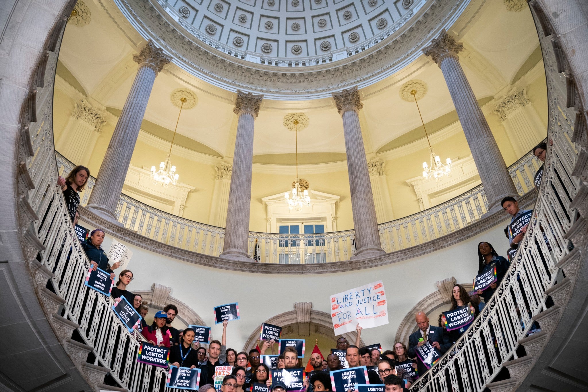 Activists rally in support of LGBT+ rights at New York City Hall in October 2019 in New York City as the US Supreme Court heard three cases on whether it is legal to fire workers because of their sexual orientation or gender identity