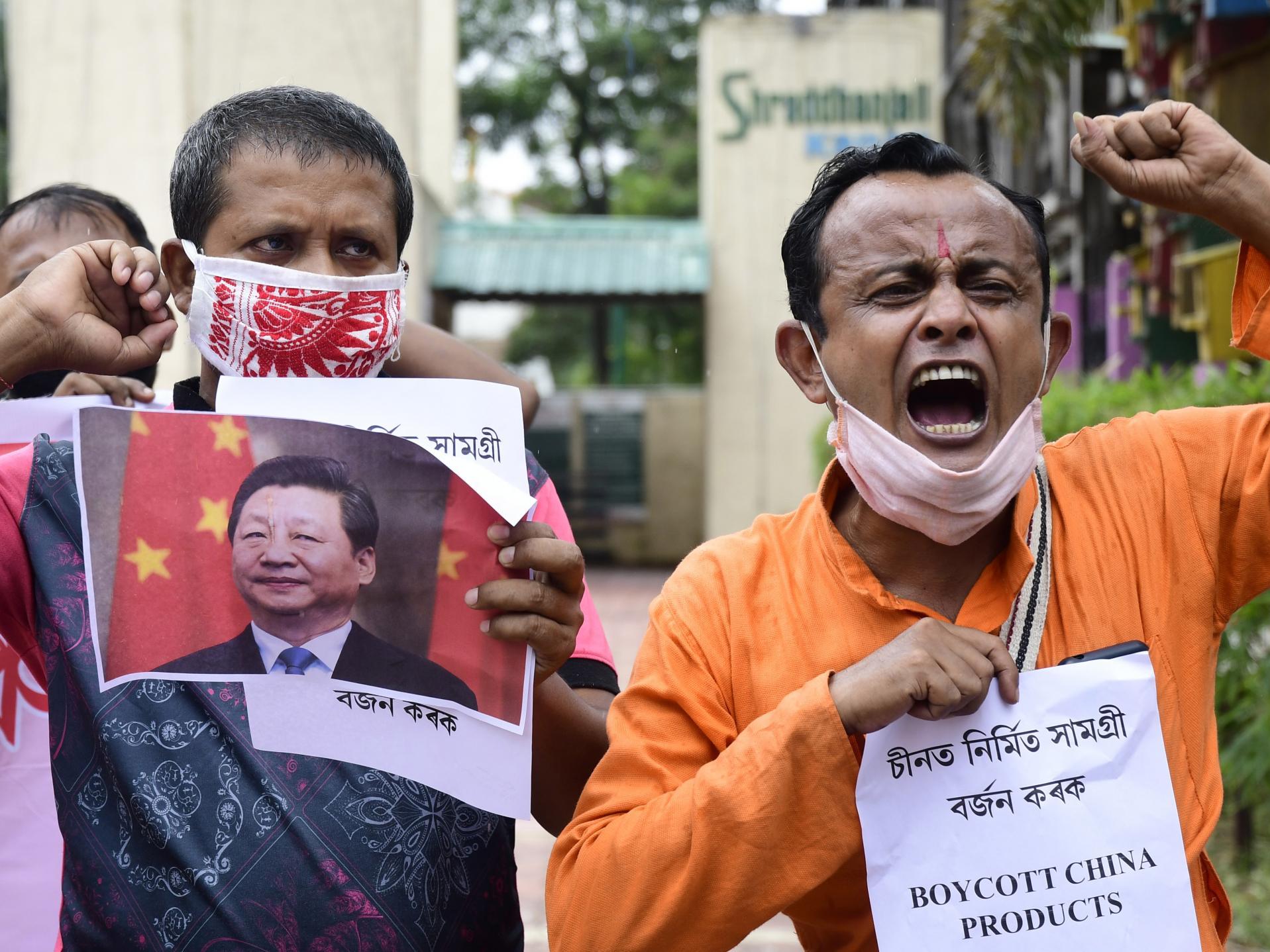 Indian activists shout slogans against China's president, Xi Jinping, during a protest in Guwahati, Assam, India