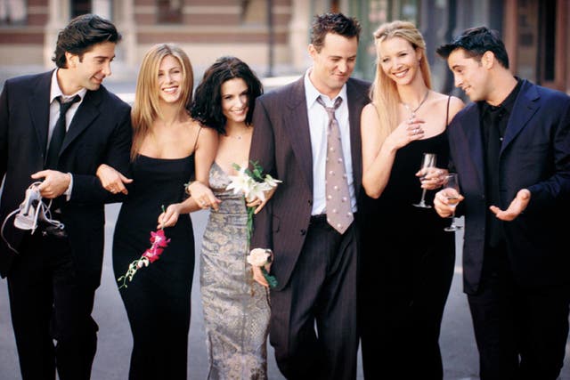 David Schwimmer, Jennifer Aniston, Courteney Cox, Matthew Perry, Lisa Kudrow, and Matt LeBlanc in a promotional shot for 'Friends'.