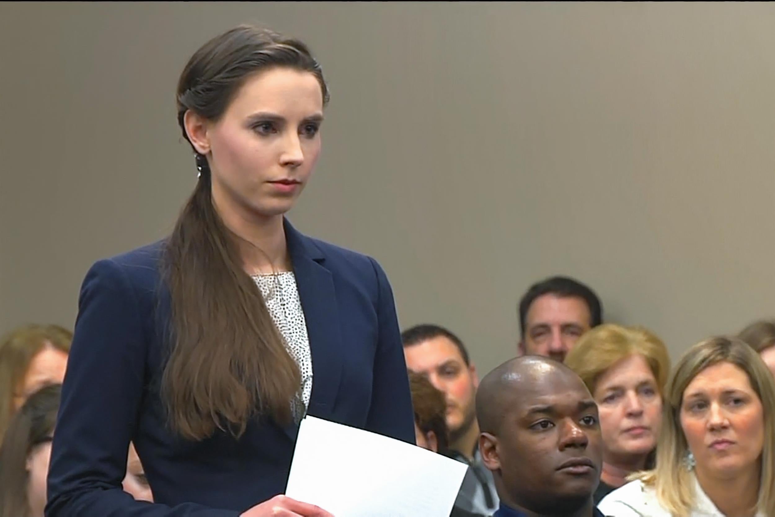 Rachael Denhollander delivers her impact statement in court directly to Larry Nassar