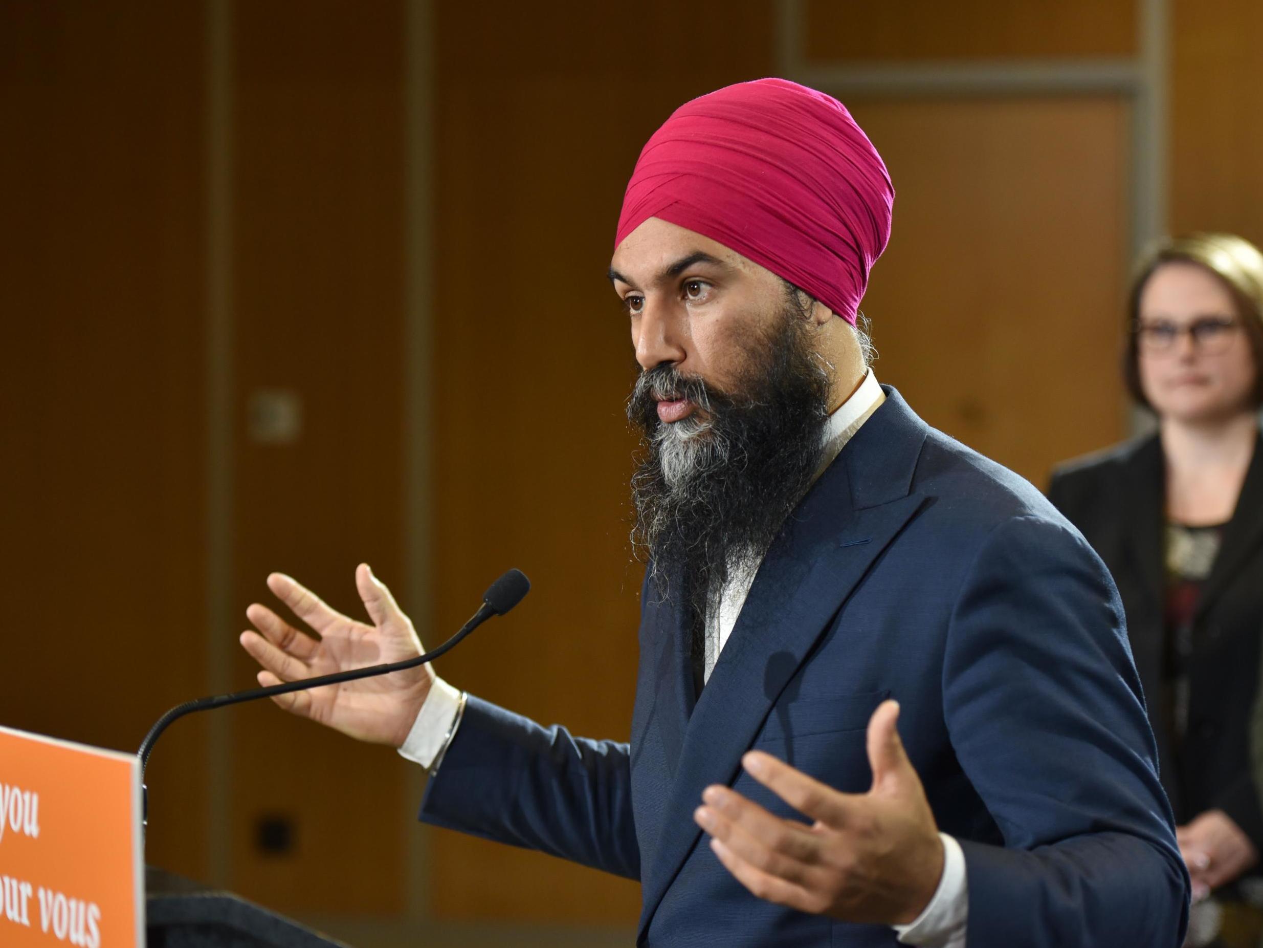 Jagmeet Singh, the leader of the NDP, speaks in Vancouver during a campaign stop in 2019.
