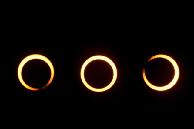 The annular solar eclipse sequence creates a 'ring of fire' around the moon