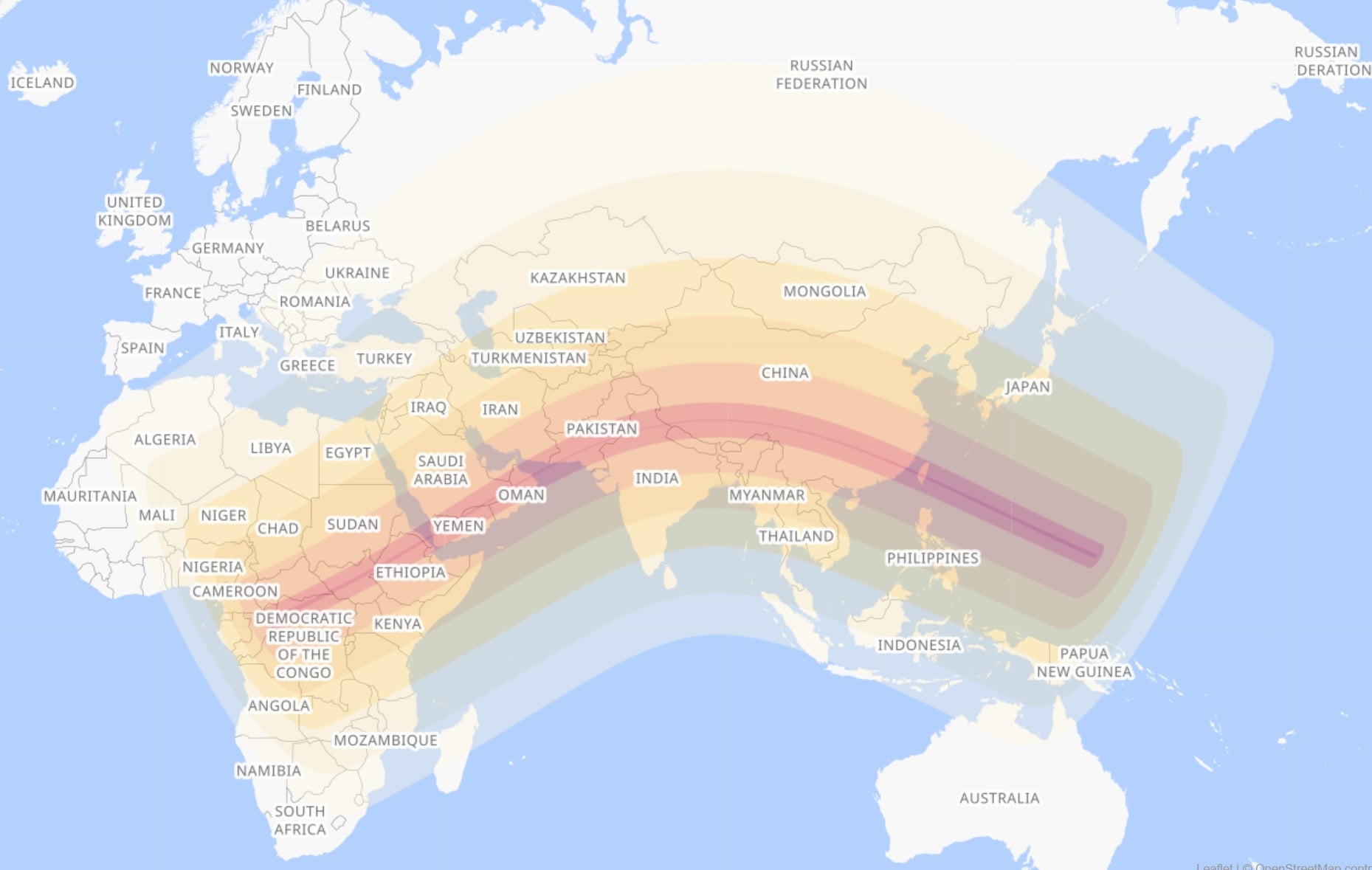 The path of the annular solar eclipse on 21 June 2020