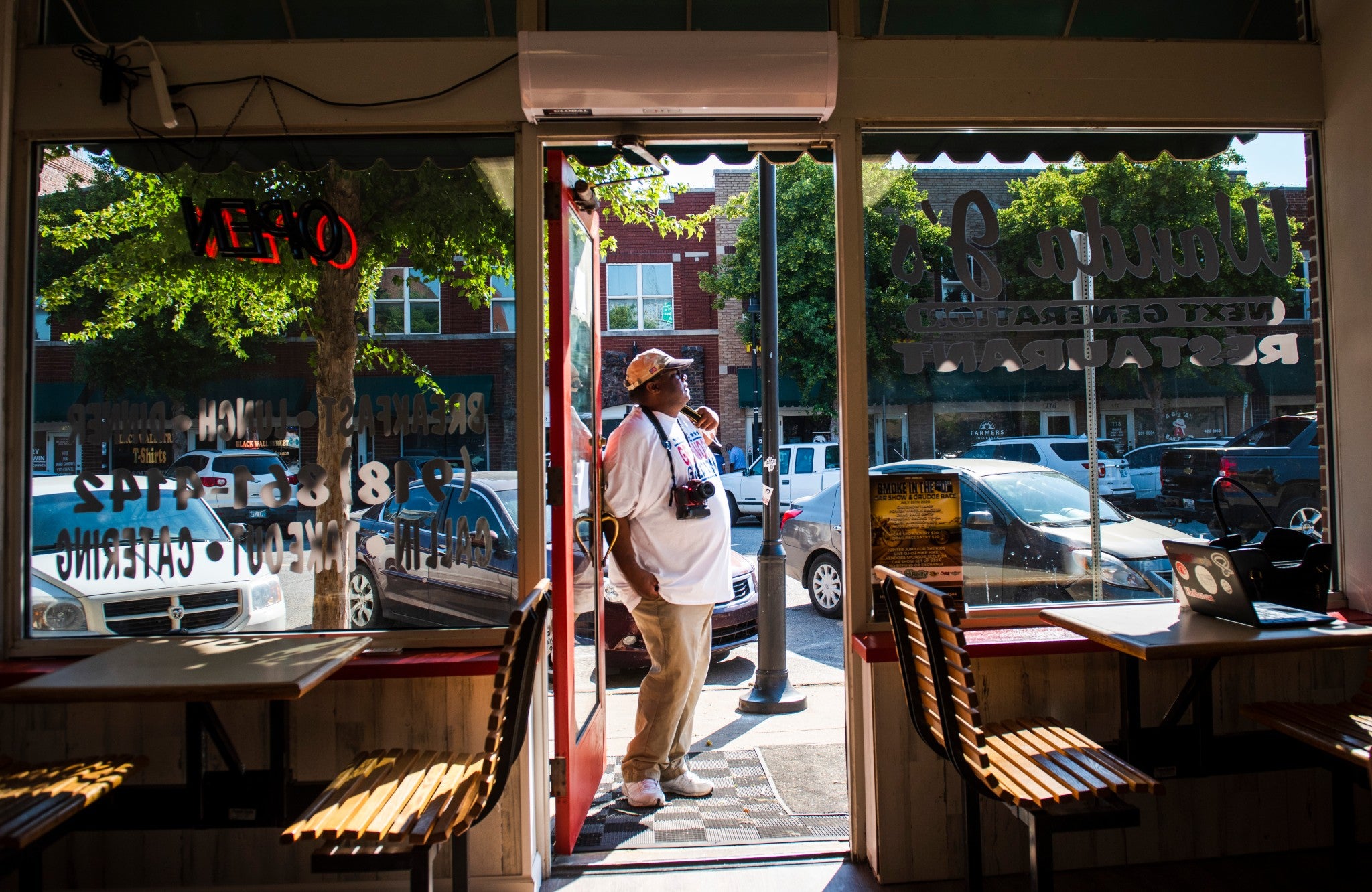 J Kavin Ross stops at Wanda J’s Next Generation Restaurant, a Greenwood district business