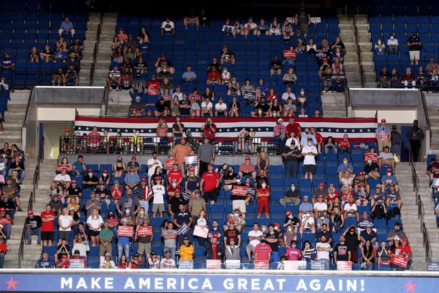 Less supports than expected, and bragged about, turned out to listen to Trump speak at a campaign rally at the BOK Center in Tulsa, Oklahoma