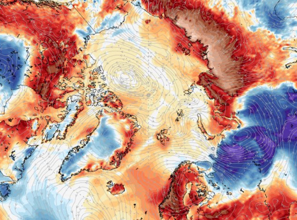 Heat map showing temperatures over the Arctic on 20 June 2020 when a new record of 38C was set in Siberia