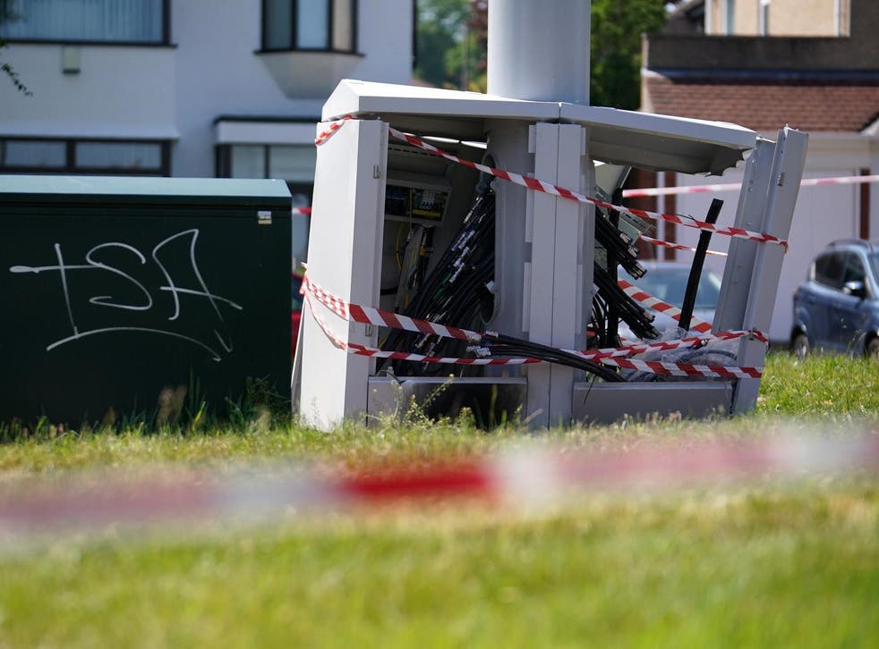 Fire and explosion damage seen on an EE network 5G mast that was attacked by an arsonist in Liverpool, 28 May