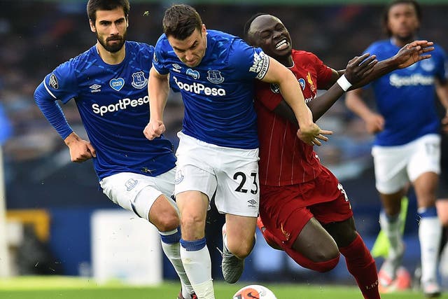 Seamus Coleman in action against Liverpool in the Merseyside derby