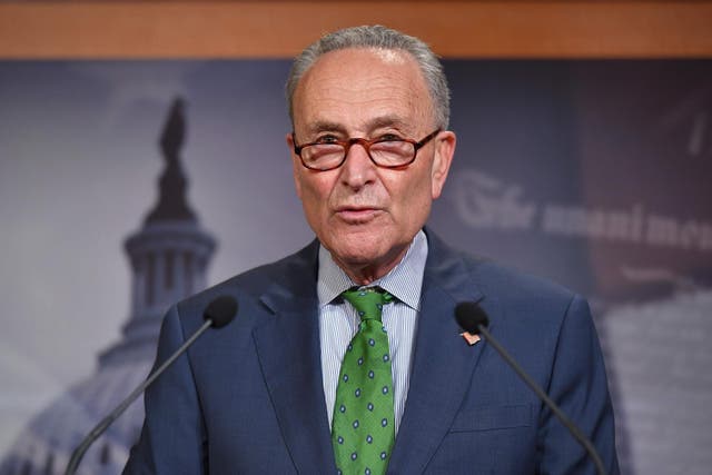 Senate minority leader Chuck Schumer of New York speaks during her weekly press conference at the US Capitol in Washington