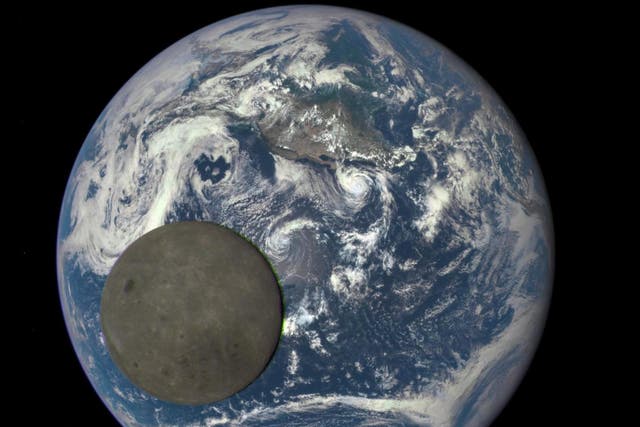 A composite image showing Earth and the far side of the moon, where there are almost no 'maria' or seas, which are common on the other side