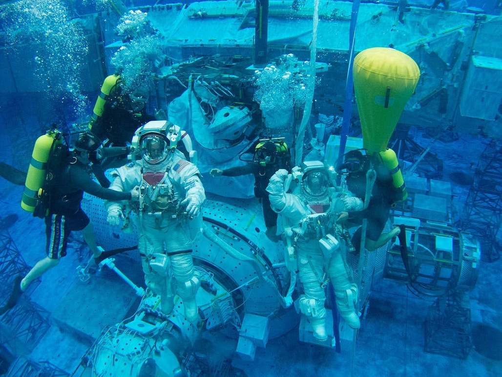 A spacewalk training session at the Neutral Buoyancy Laboratory