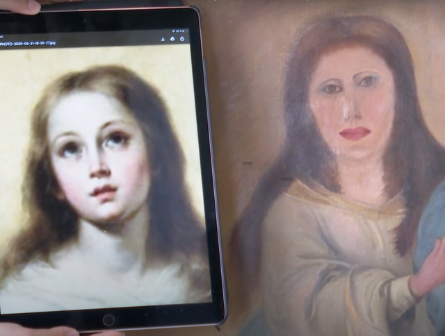 The original painting seen next to the botched restoration