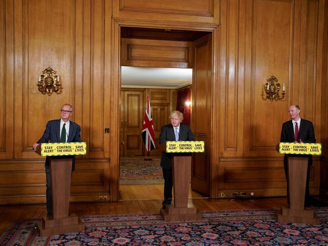 Britain's Prime Minister Boris Johnson, Chief Medical Officer Professor Chris Whitty and Chief Scientific Adviser Sir Patrick Vallance attend the last daily coronavirus briefing on 23 June, 2020.