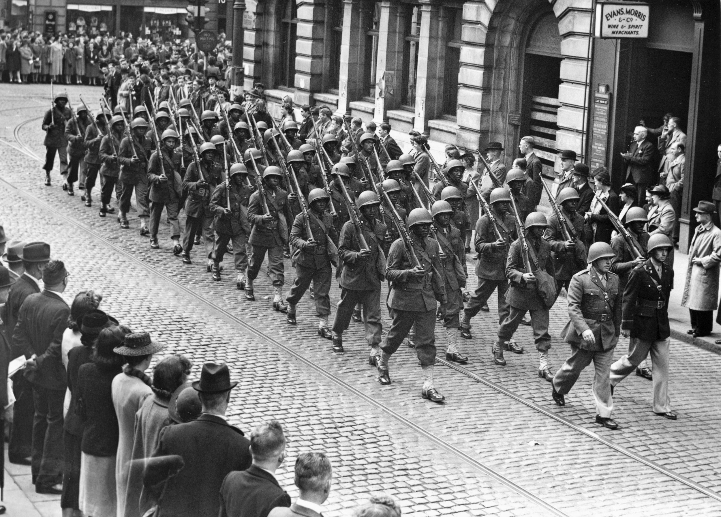 Black GIs on parade in Manchester. African Americans were kept in separate regiments and had to use separate facilities