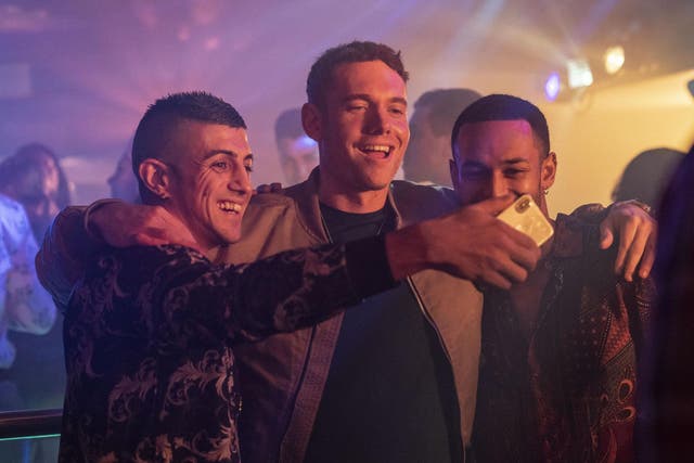 Tom Brittney (centre) stars as Billy, a spiralling reality TV star in ‘Make Me Famous’ on BBC One