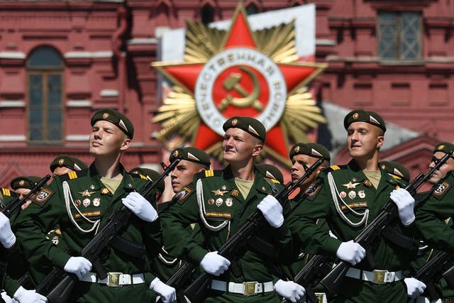 Servicemen march during Wednesday’s 75th anniversary Victory Day military parade in Red Square