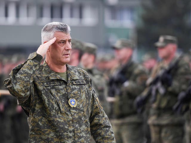 Kosovo's president, Hashim Thaci, inspects members of the Kosovo Security Force (KSF) in Pristina