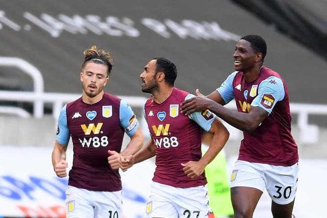Ahmed Elmohamady (centre) celebrates bringing Aston Villa level