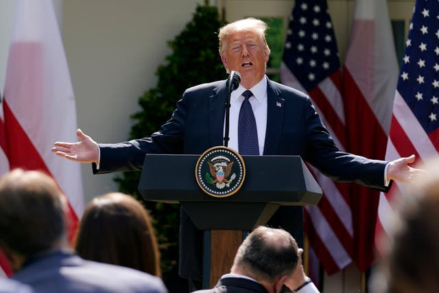 Donald Trump speaks during a news conference with Polish President Andrzej Duda in the Rose Garden of the White House