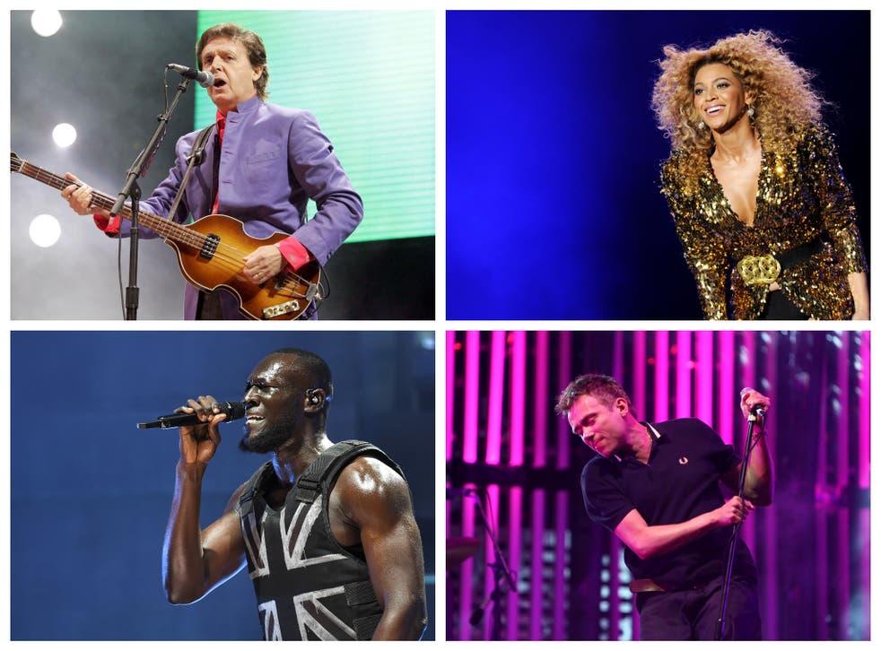 <p>Leading from the front: (clockwise, from top left) Paul McCartney, Beyoncé, Damon Albarn of Blur, and Stormzy, during their headline performances on the Pyramid Stage</p>