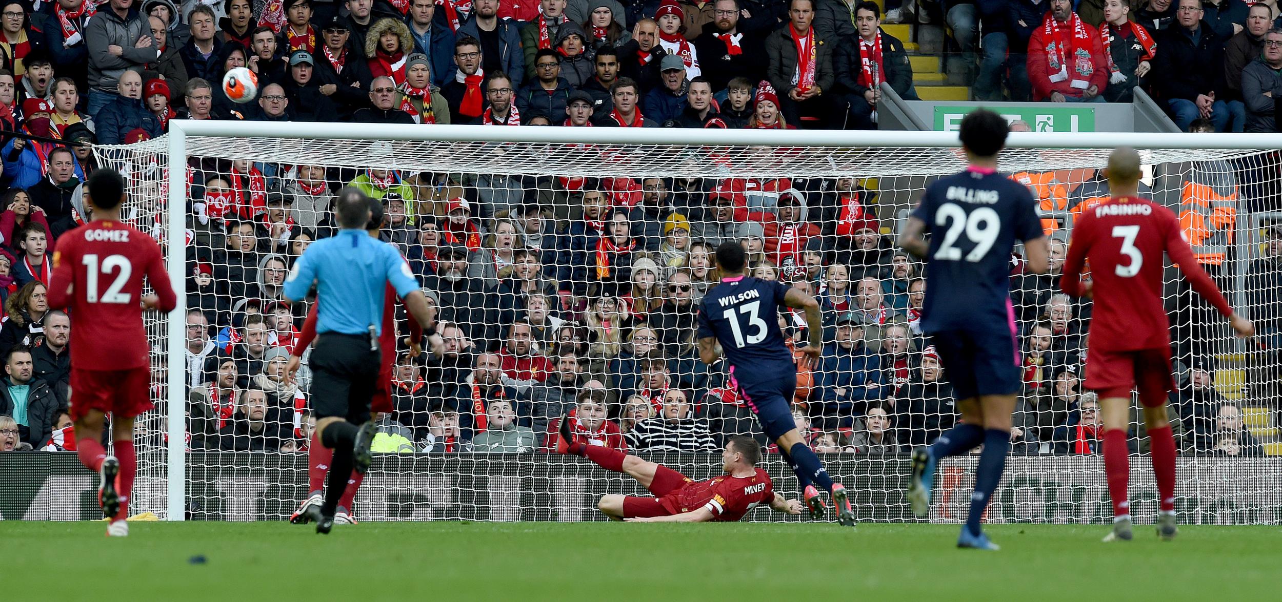 James Milner makes a goalline clearance against Bournemouth