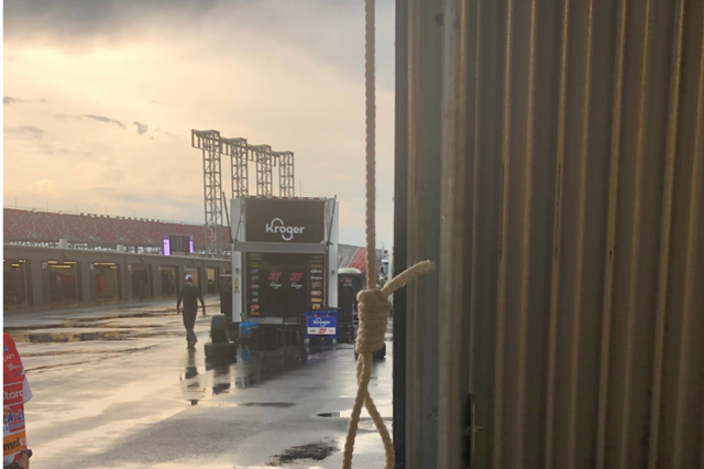 The first photo of the pull-down rope tied with a noose-style knot on the garage assigned to Bubba Wallace ahead of the Talladega Superspeedway event